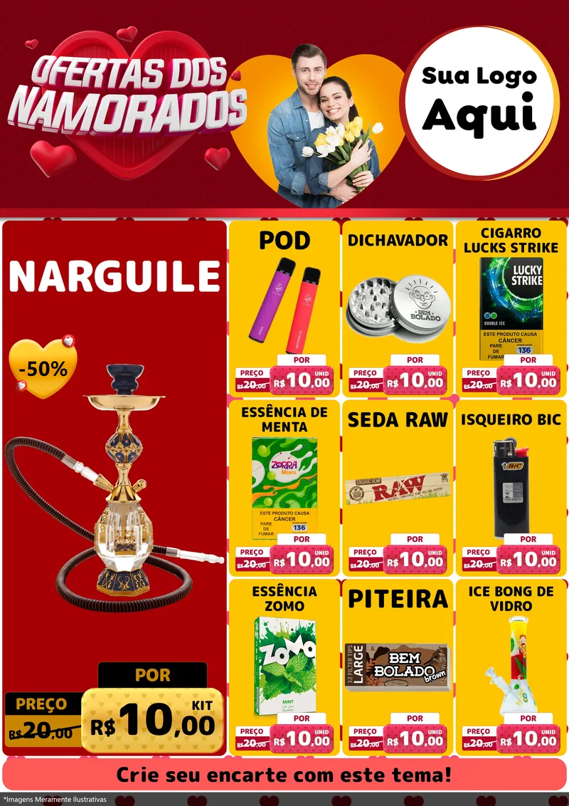 Modelo de Encarte para Encarte A4 Vertical com o tema Ofertas Dos Namorados para Tabacaria