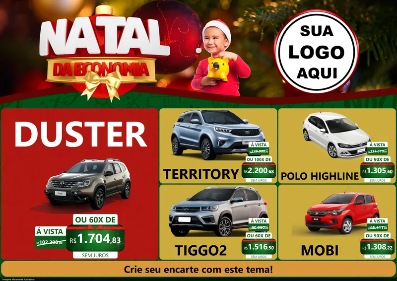 Modelo de Encarte para Encarte A4 Horizontal com o tema Natal da Economia para Concessionaria de Carros