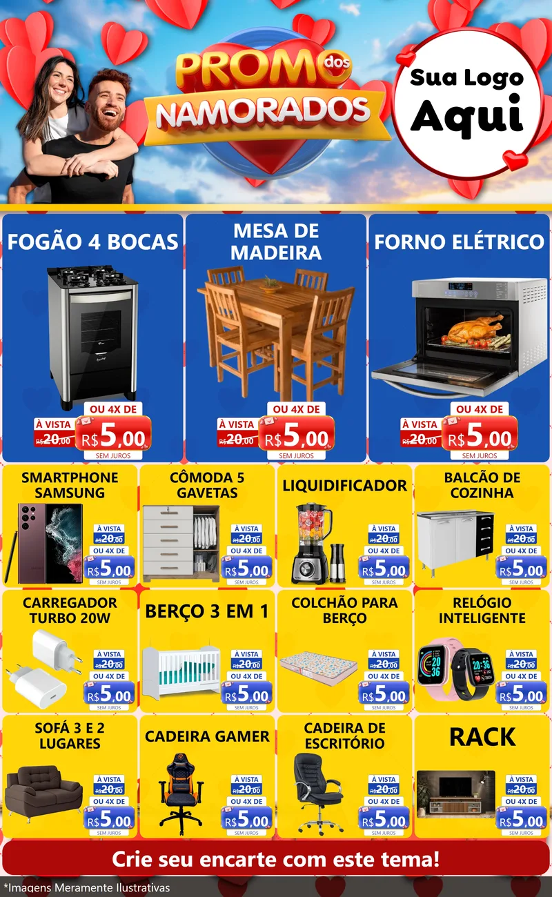 Modelo de Encarte para Encarte Grande com o tema Promo dos Namorados para Móveis e Eletro
