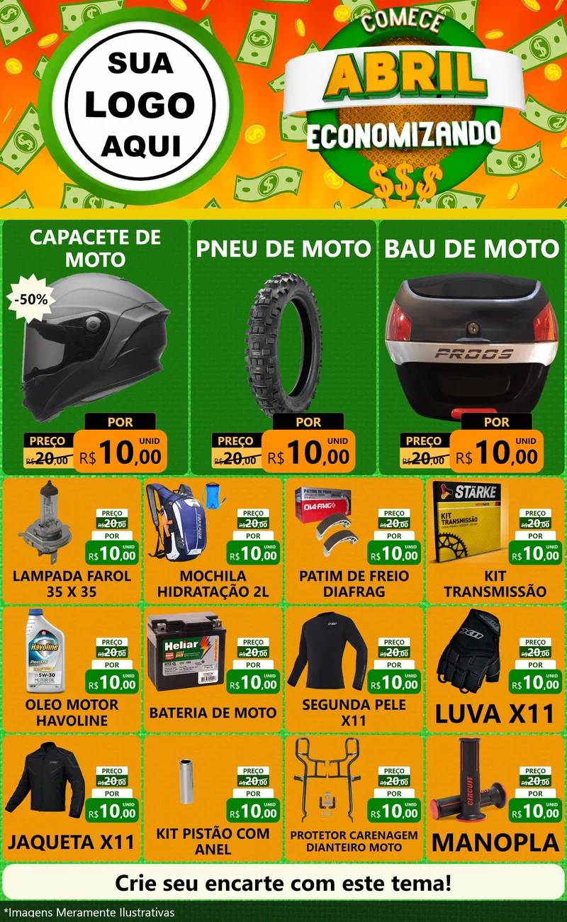 Modelo de Encarte para Encarte Grande com o tema Comece Abril Economizando para Moto peças