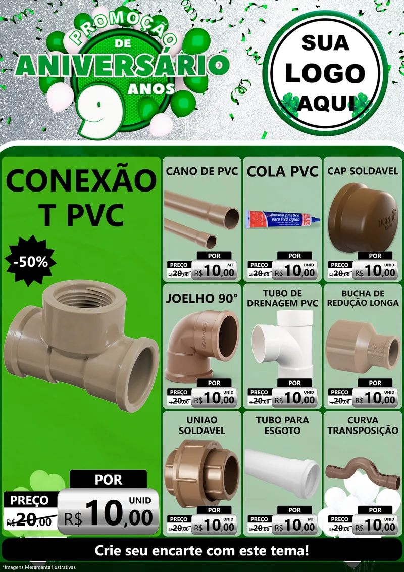 Modelo de Encarte para Encarte A4 Vertical com o tema Promoção de Aniversário - 9 Anos para Tubos e conexões