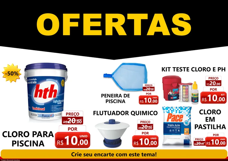Modelo de Encarte para Encarte A4 Horizontal com o tema Ofertas Preto e Vermelho Cartaz para Produtos para Piscina
