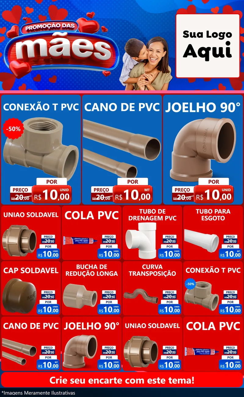 Modelo de Encarte para Encarte Grande com o tema Promoção das Mães para Tubos e conexões