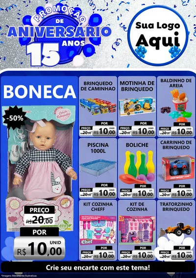 Modelo de Encarte para Encarte A4 Vertical com o tema Promoção de Aniversário - 15 Anos para Brinquedos