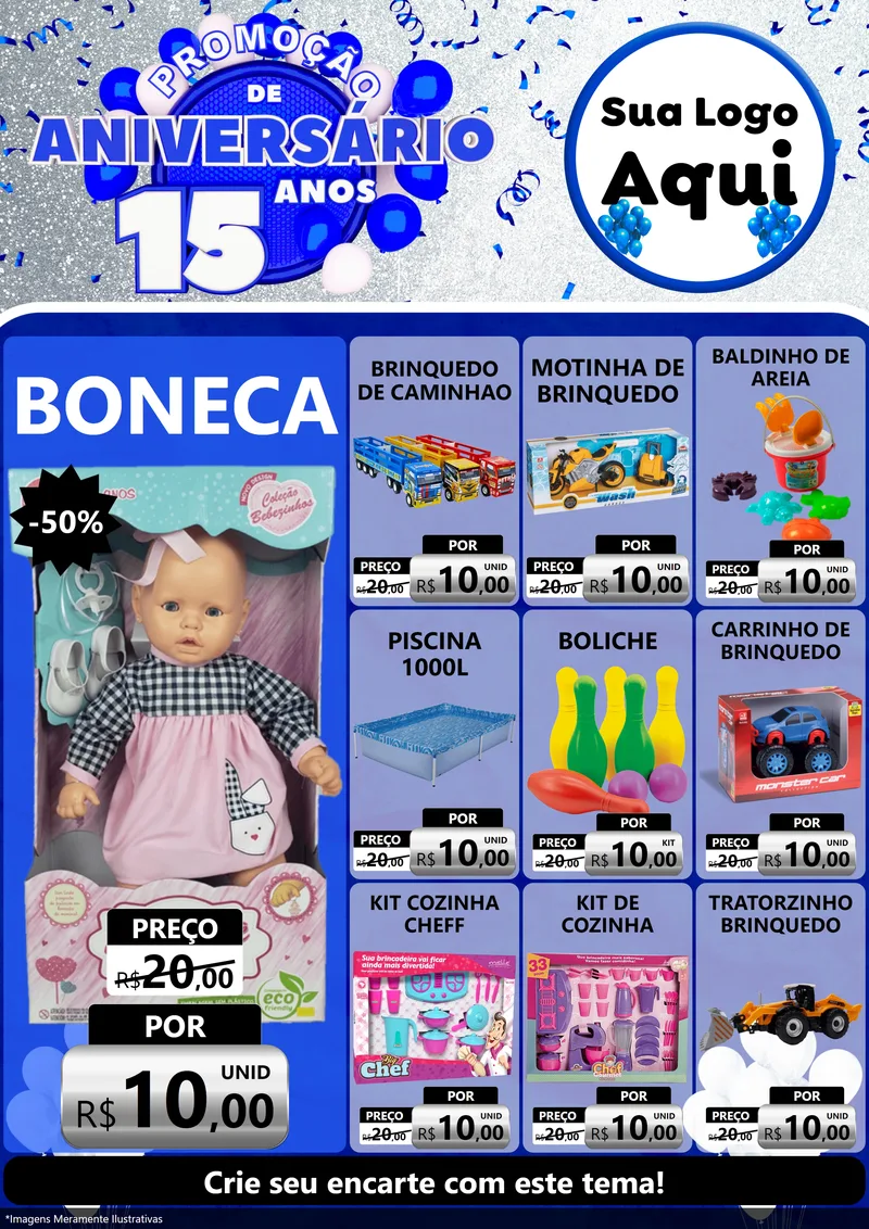 Modelo de Encarte para Encarte A4 Vertical com o tema Promoção de Aniversário - 15 Anos para Brinquedos