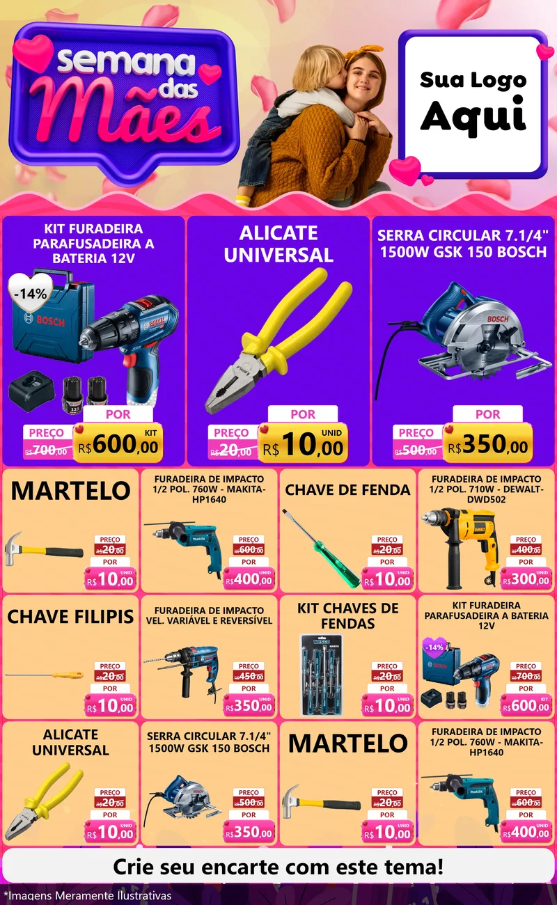 Modelo de Encarte para Encarte Grande com o tema Semana das Mães para Maquinas e Ferramentas