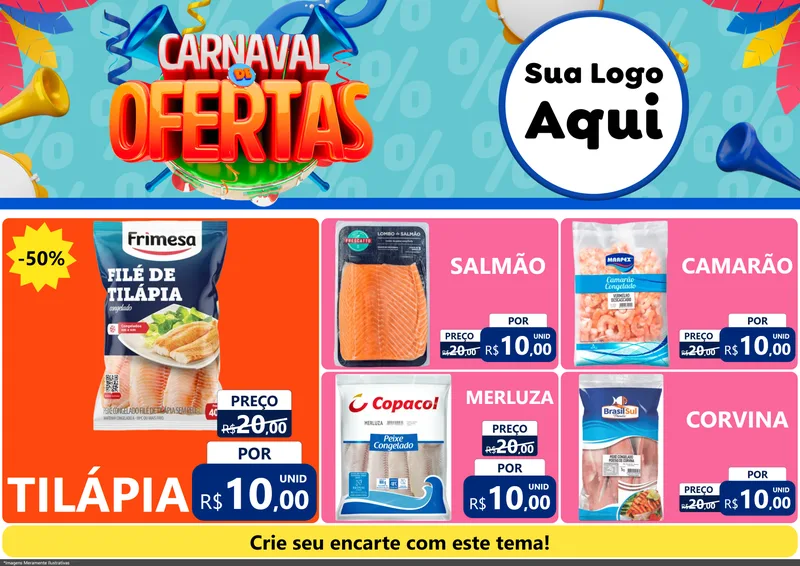 Modelo de Encarte para Encarte A4 Horizontal com o tema Carnaval de Ofertas para Peixaria