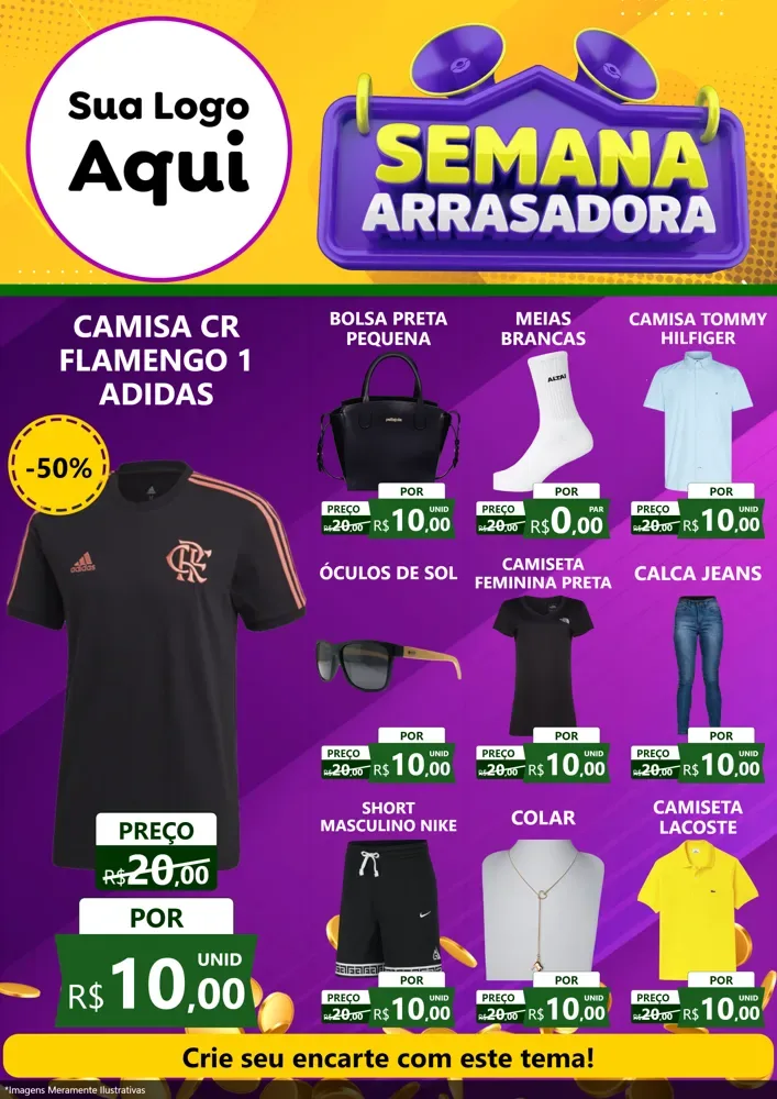 Modelo de Encarte para Encarte A4 Vertical com o tema Semana Arrasadora para Roupas e acessórios