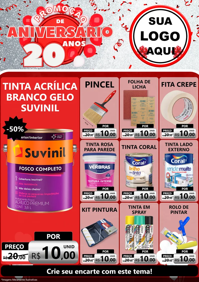 Modelo de Encarte para Encarte A4 Vertical com o tema Promoção de Aniversário - 20 Anos para Tintas e Ferramentas