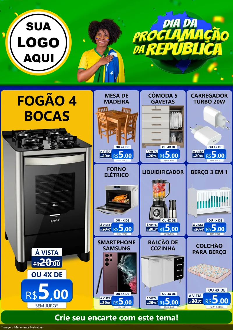 Modelo de Encarte para Encarte A4 Vertical com o tema Dia Da Proclamação Da República para Móveis e Eletro