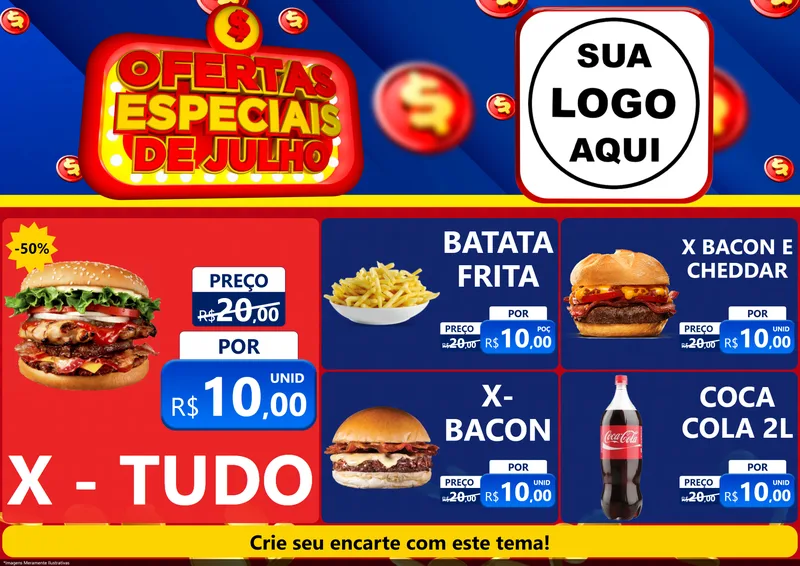 Modelo de Encarte para Encarte A4 Horizontal com o tema Ofertas Especiais de Julho para Hamburgueria