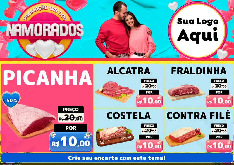 Modelo de Encarte para Encarte A4 Horizontal com o tema Promoção Dia dos Namorados para Açougue