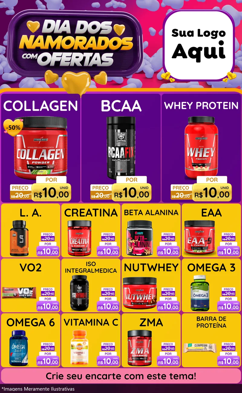 Modelo de Encarte para Encarte Grande com o tema Dia Dos Namorados Com Ofertas para Suplementos alimentares