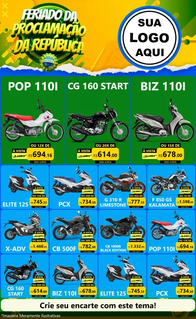 Modelo de Encarte para Encarte Grande com o tema Feriado da Proclamação da República para Concessionaria de Motos