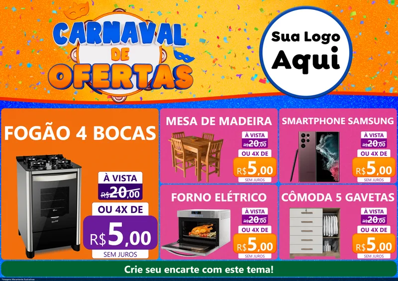 Modelo de Encarte para Encarte A4 Horizontal com o tema Carnaval de Ofertas para Móveis e Eletro