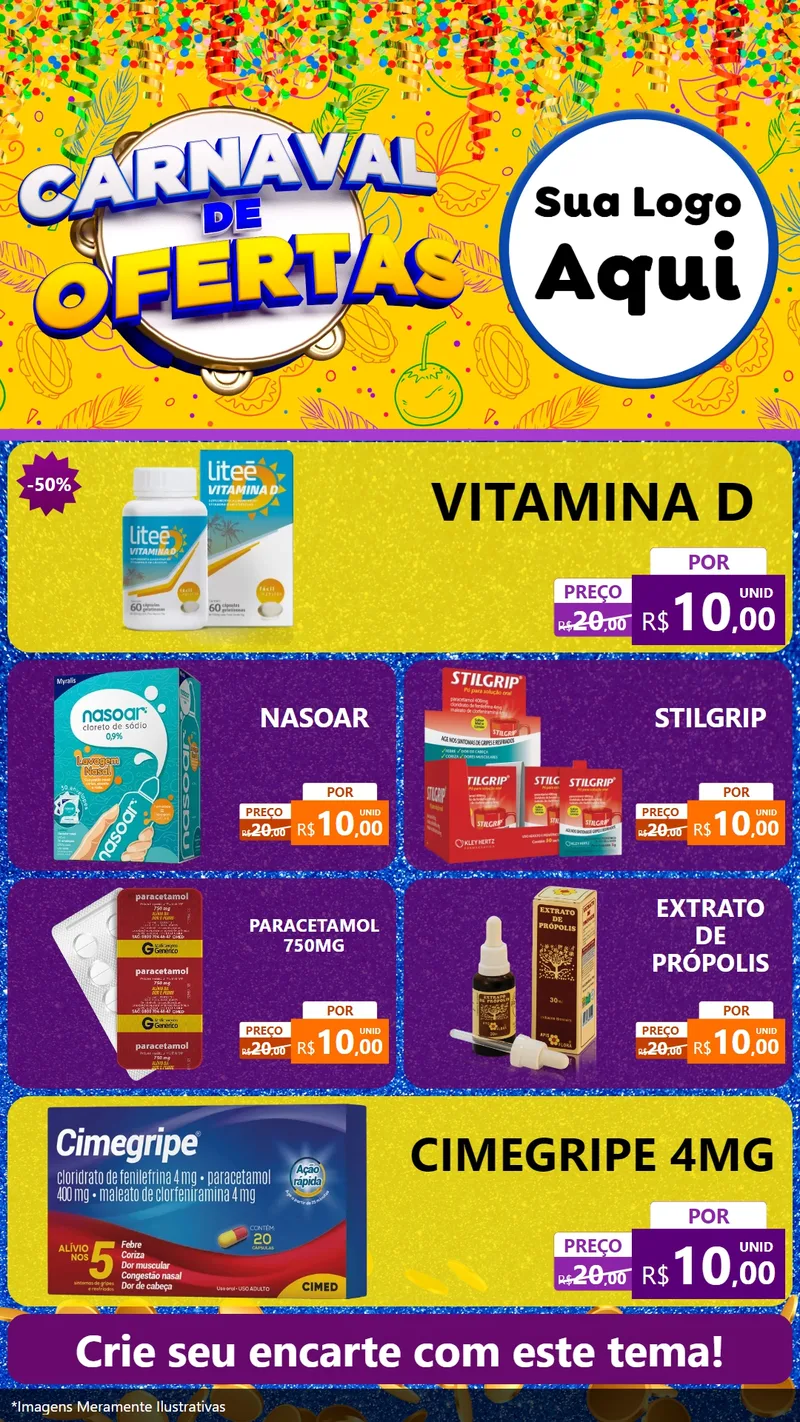 Modelo de TV para TV Vertical com o tema Carnaval de Ofertas para Farmácia