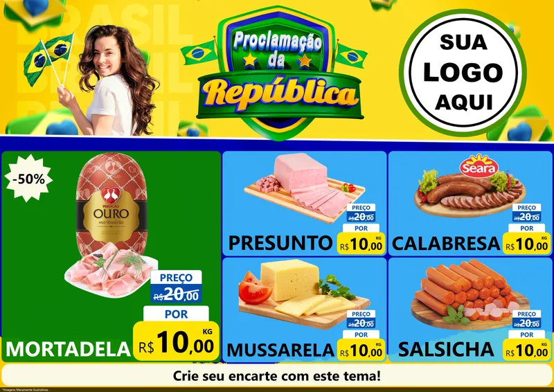 Modelo de Encarte para Encarte A4 Horizontal com o tema Proclamação da República para Frios e Laticínios