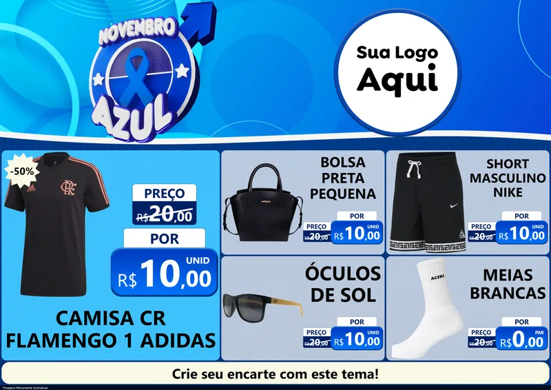 Modelo de Encarte para Encarte A4 Horizontal com o tema Novembro Azul para Roupas e acessórios