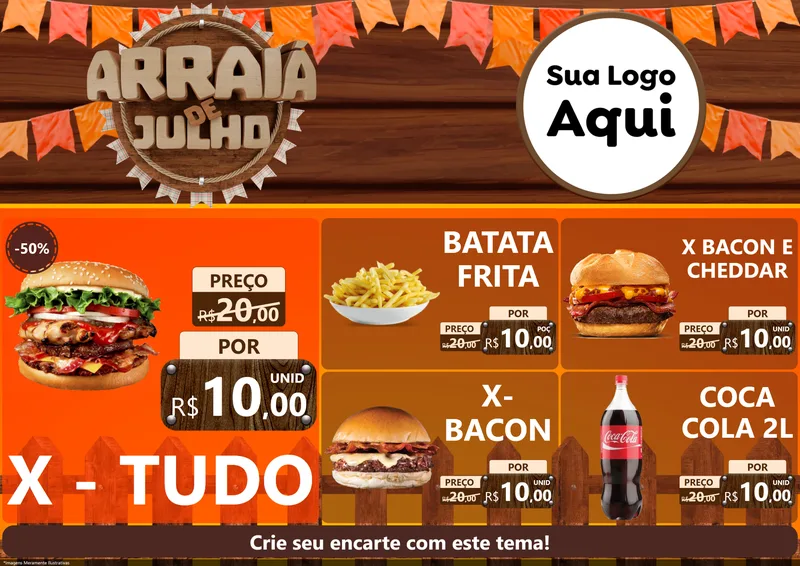 Modelo de Encarte para Encarte A4 Horizontal com o tema Arraiá de Julho - Junina para Hamburgueria