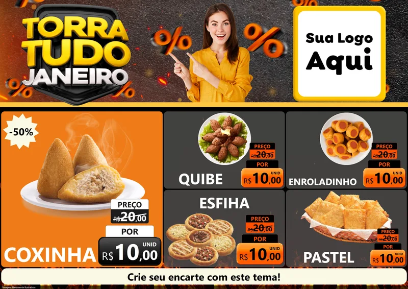 Modelo de Encarte para Encarte A4 Horizontal com o tema Torra Tudo Janeiro para Salgadaria