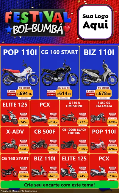 Modelo de Encarte para Encarte Grande com o tema Festival Boi-Bumbá para Concessionaria de Motos