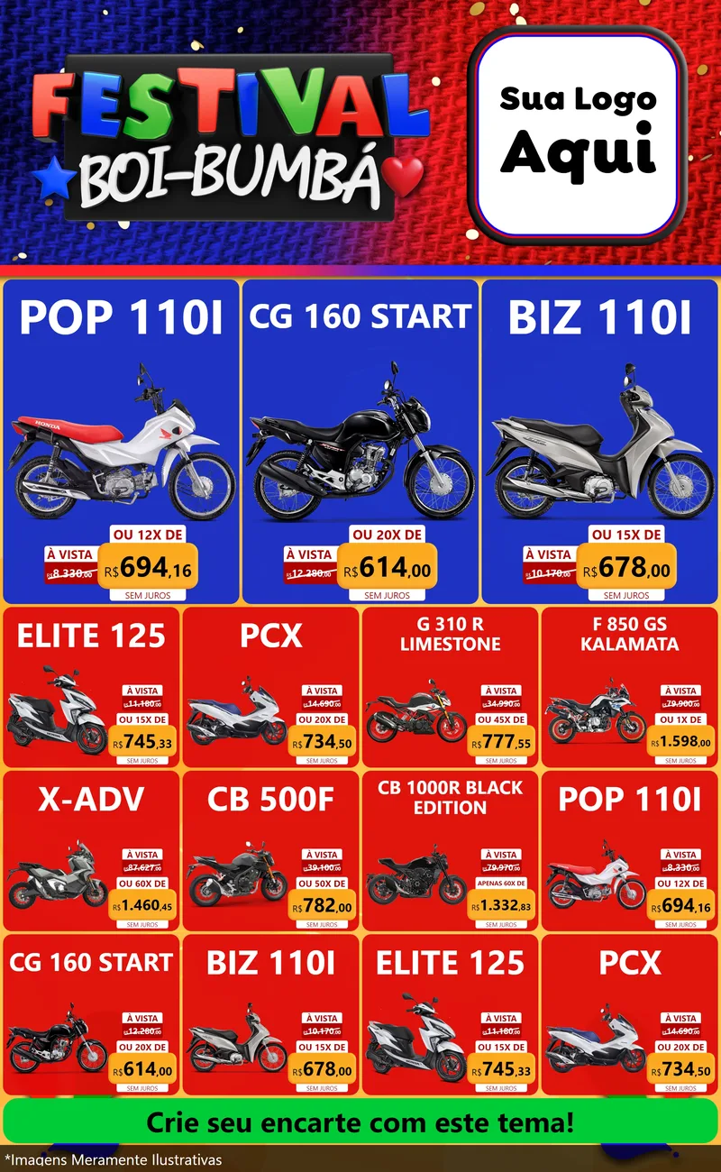 Modelo de Encarte para Encarte Grande com o tema Festival Boi-Bumbá para Concessionaria de Motos