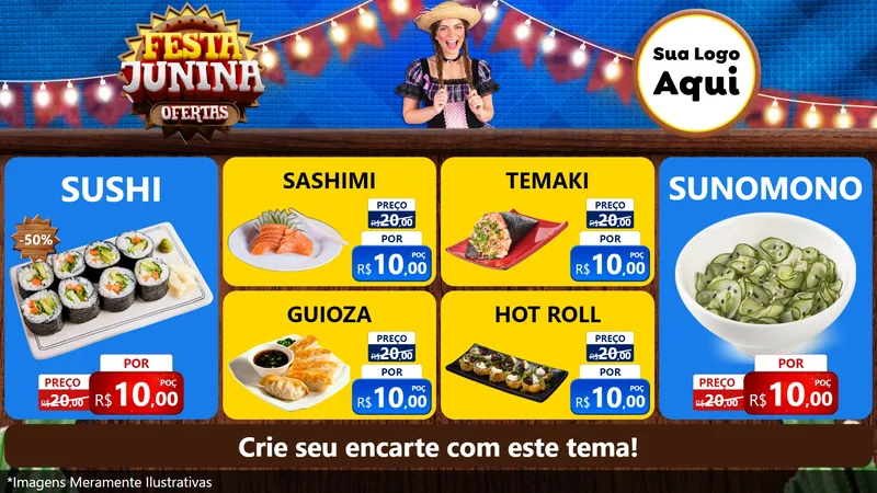 Modelo de TV para TV Horizontal com o tema Festa Junina Ofertas para Comida japonesa
