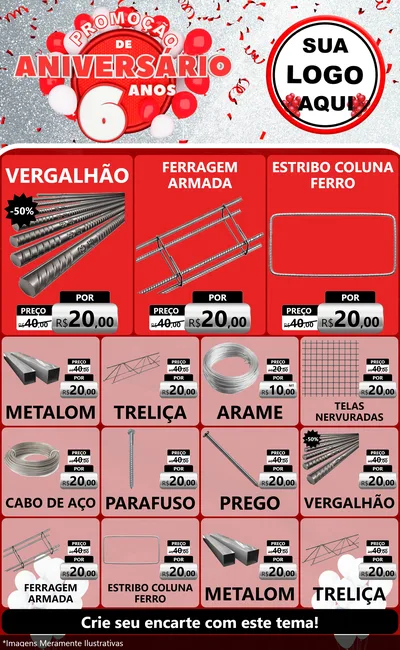 Modelo de Encarte para Encarte Grande com o tema Promoção de Aniversário - 6 Anos para Ferragens