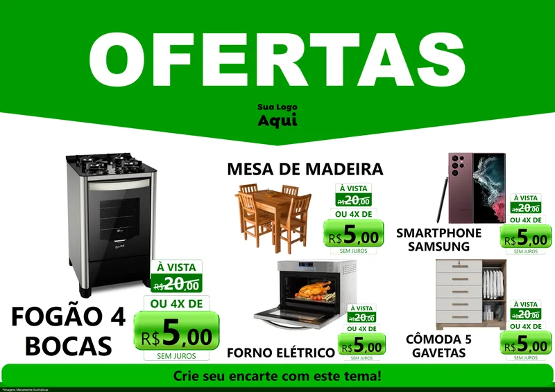 Modelo de Encarte para Encarte A4 Horizontal com o tema Ofertas Verde Cartaz para Móveis e Eletro