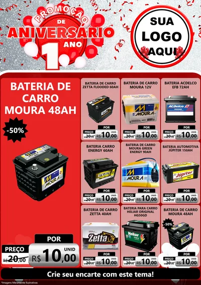Modelo de Encarte para Encarte A4 Vertical com o tema Promoção de Aniversário - 1 Ano para Baterias Elétricas