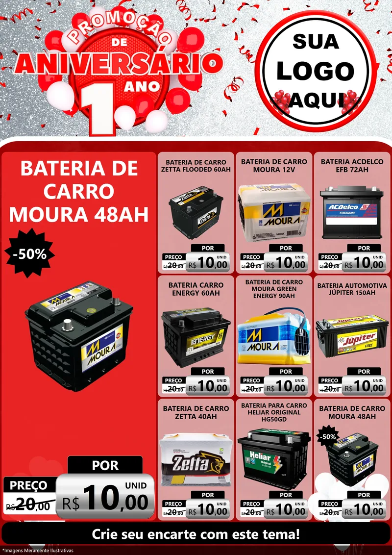 Modelo de Encarte para Encarte A4 Vertical com o tema Promoção de Aniversário - 1 Ano para Baterias Elétricas