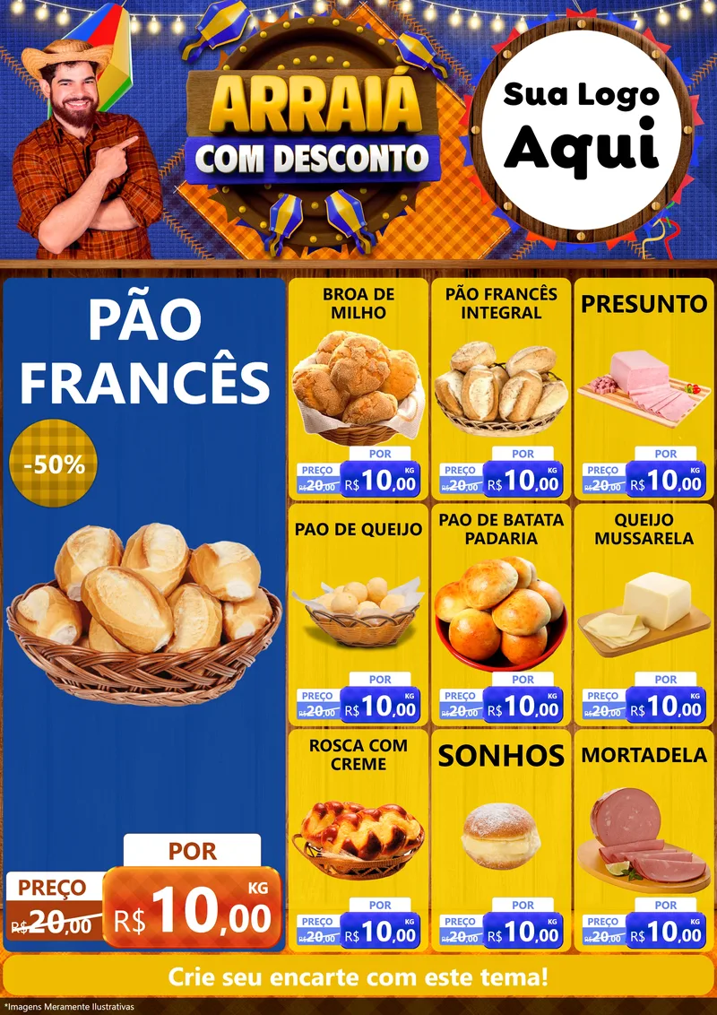 Modelo de Encarte para Encarte A4 Vertical com o tema Arraiá Com Desconto para Padaria