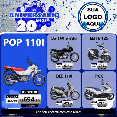 Modelo de Rede Social para Feed Facebook com o tema Promoção de Aniversário - 20 Anos para Concessionaria de Motos