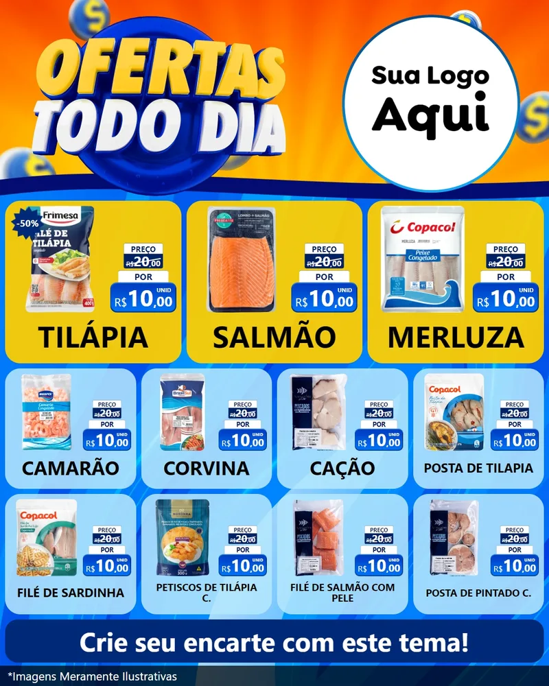 Modelo de Rede Social para Feed Instagram com o tema Ofertas Todo Dia para Peixaria