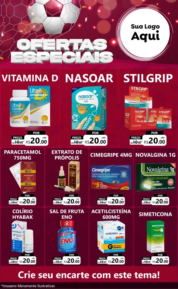 Modelo de Encarte para Encarte Grande com o tema Ofertas Especiais - Futebol para Farmácia