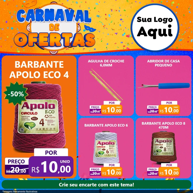 Modelo de Rede Social para Feed Facebook com o tema Carnaval de Ofertas para Armarinho e Aviamentos