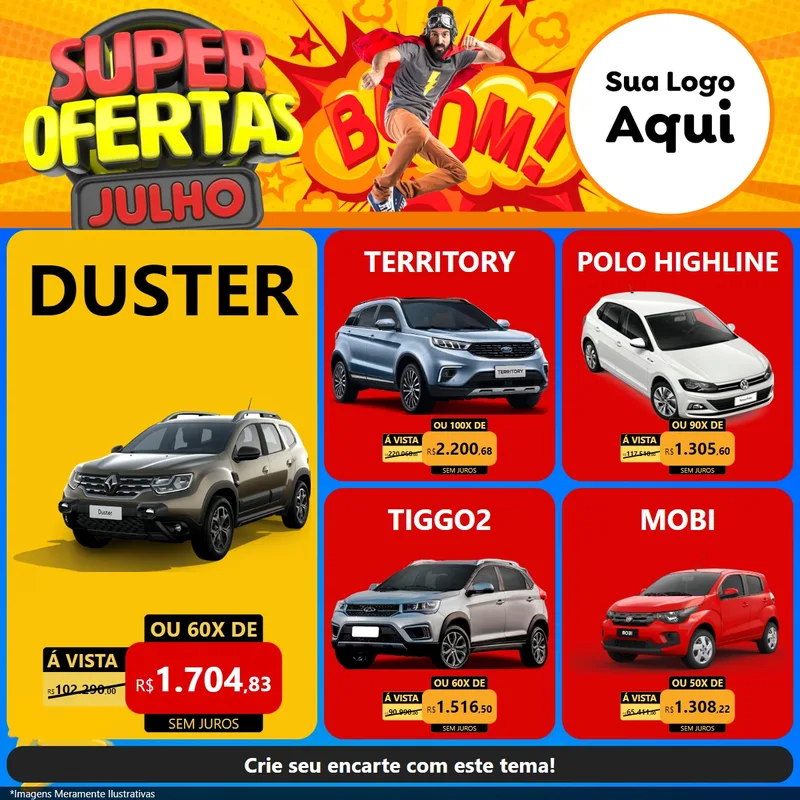 Modelo de Rede Social para Feed Facebook com o tema Super Ofertas Julho para Concessionaria de Carros