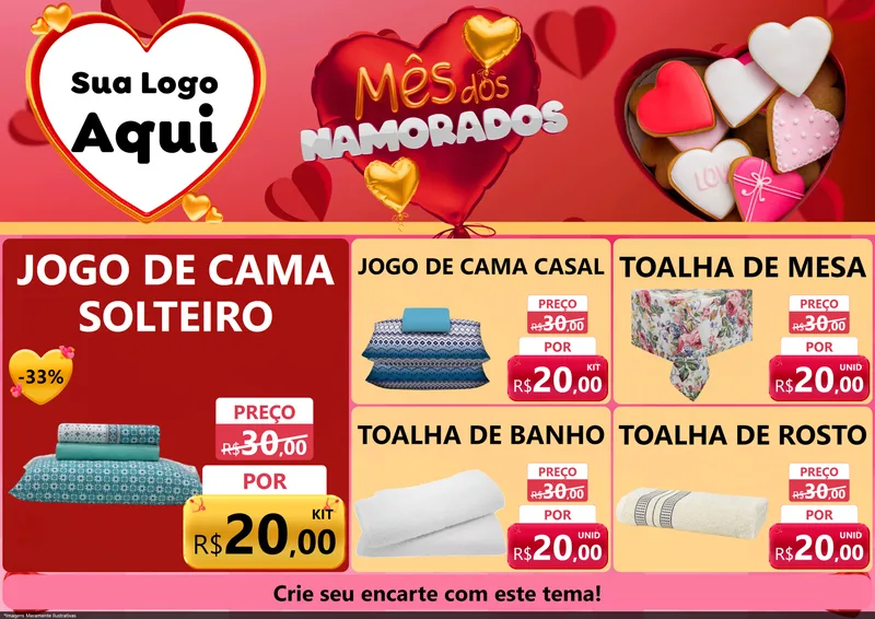 Modelo de Encarte para Encarte A4 Horizontal com o tema Mês dos Namorados para Cama, Mesa e Banho