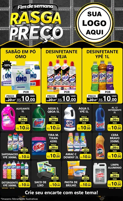 Modelo de Encarte para Encarte Grande com o tema Fim de Semana Rasga Preço para Produtos de Limpeza