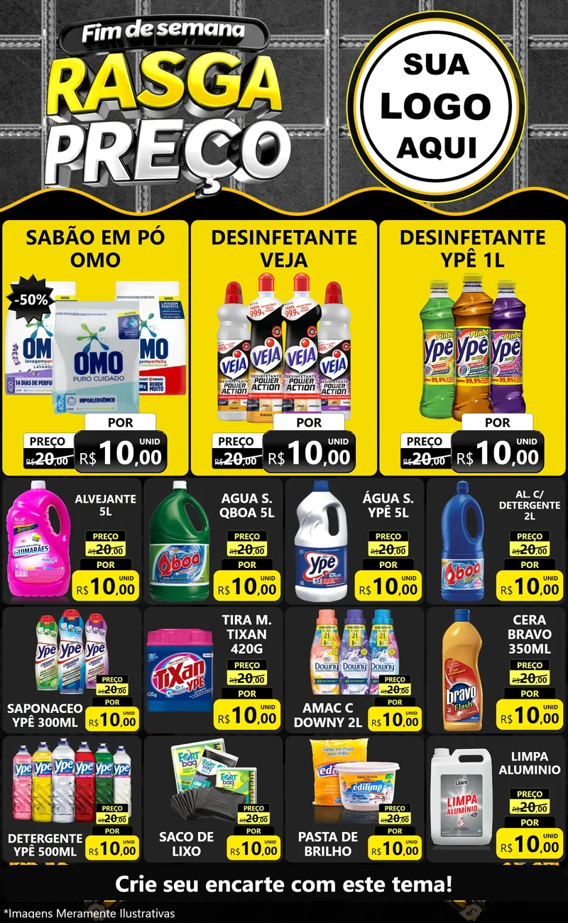 Modelo de Encarte para Encarte Grande com o tema Fim de Semana Rasga Preço para Produtos de Limpeza