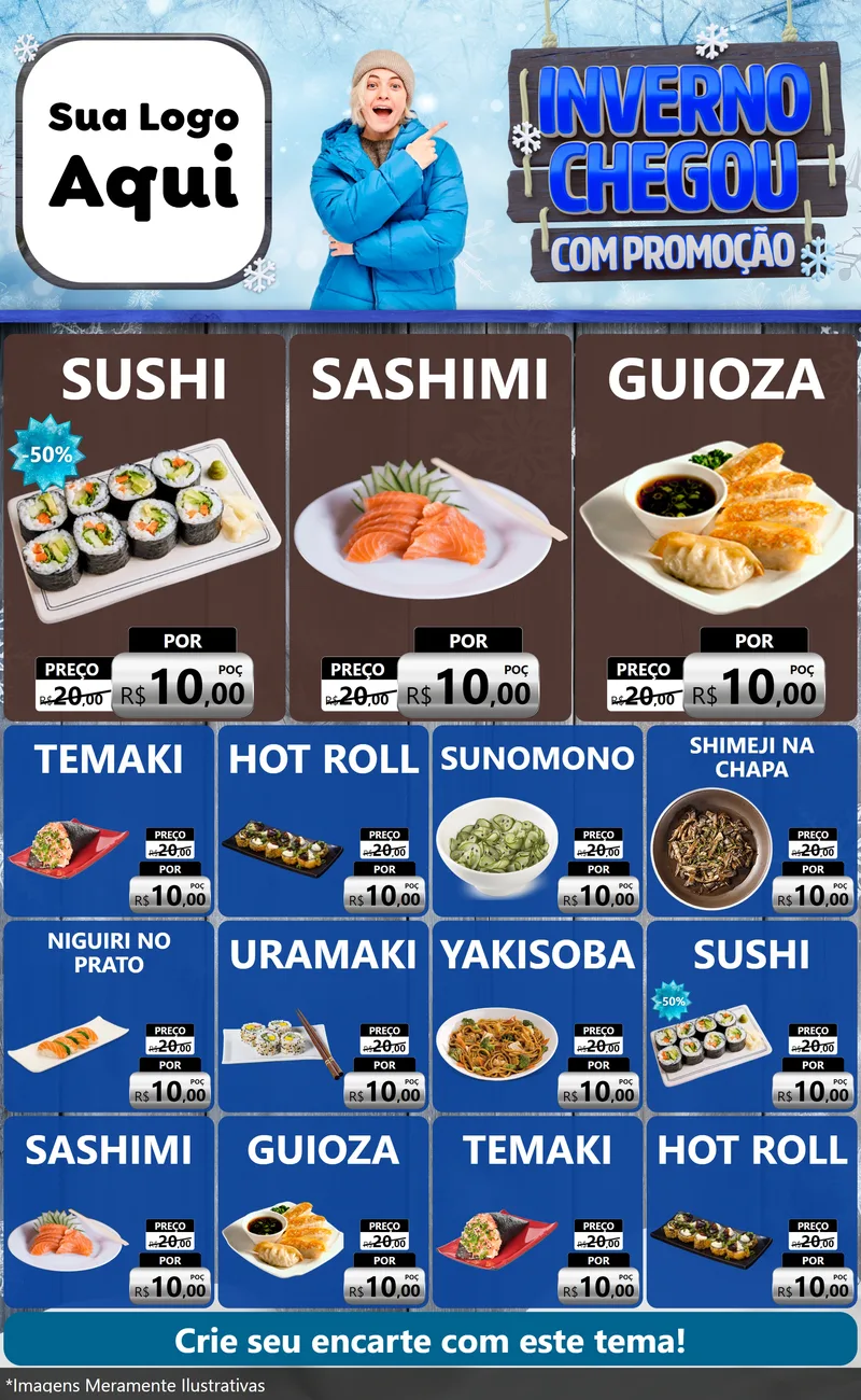 Modelo de Encarte para Encarte Grande com o tema Inverno Chegou Com Promoção para Comida japonesa