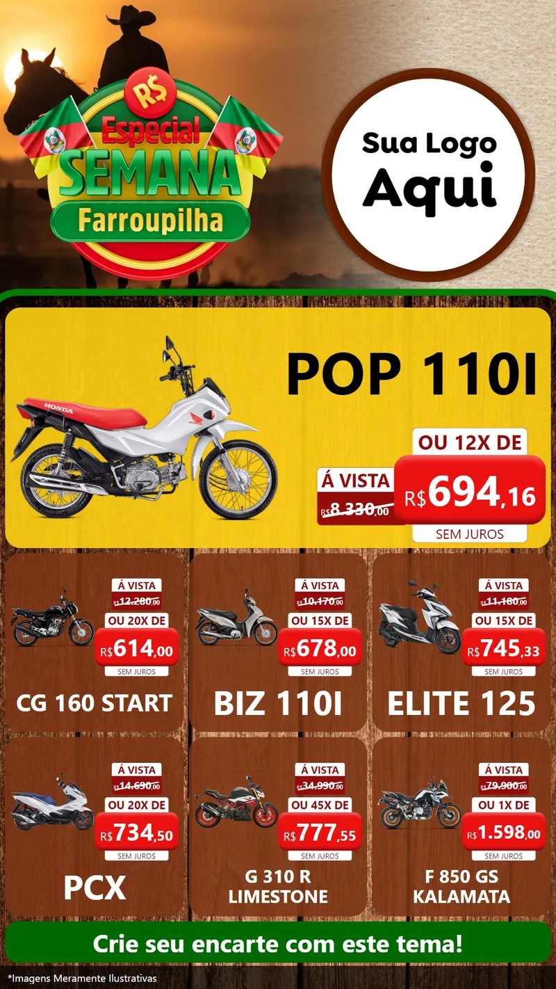 Modelo de Rede Social para Stories com o tema Especial Semana Farroupilha para Concessionaria de Motos