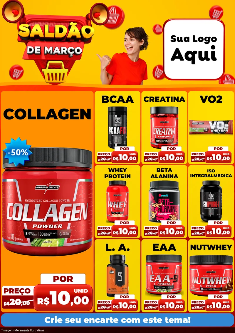 Modelo de Encarte para Encarte A4 Vertical com o tema Saldão de Março para Suplementos alimentares