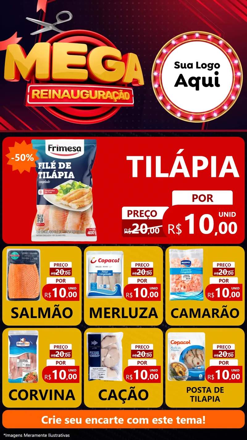 Modelo de Rede Social para Stories com o tema Mega Reinauguração para Peixaria