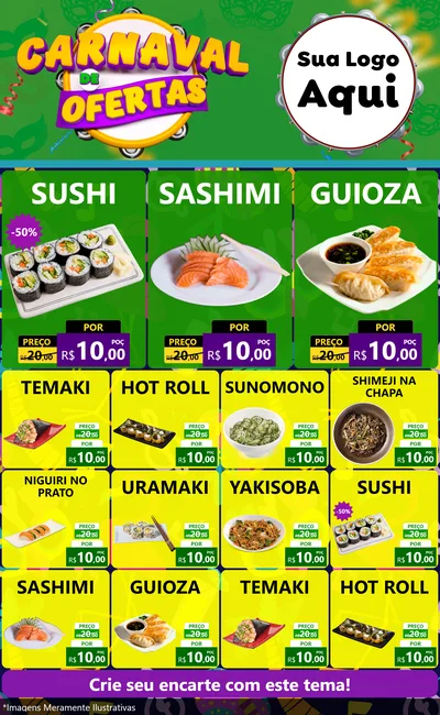 Modelo de Encarte para Encarte Grande com o tema Carnaval de Ofertas para Comida japonesa