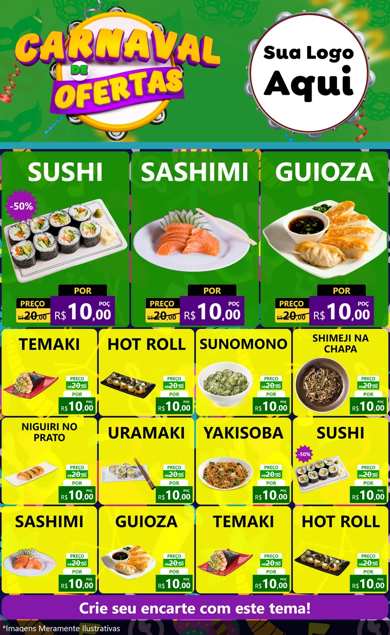 Modelo de Encarte para Encarte Grande com o tema Carnaval de Ofertas para Comida japonesa