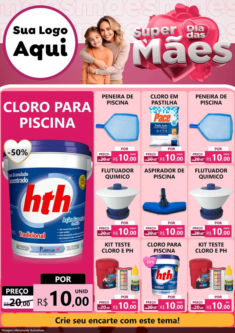 Modelo de Encarte para Encarte A4 Vertical com o tema Super Dia Das Mães para Produtos para Piscina