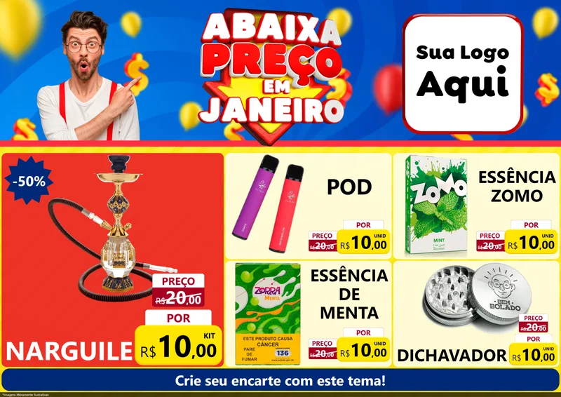 Modelo de Encarte para Encarte A4 Horizontal com o tema Abaixa Preço em Janeiro para Tabacaria