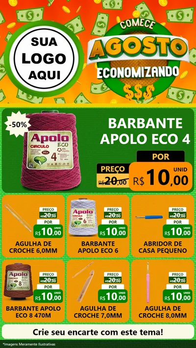 Modelo de Rede Social para Stories com o tema Comece Agosto Economizando para Armarinho e Aviamentos
