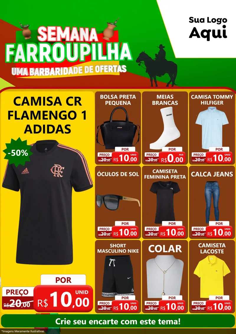 Modelo de Encarte para Encarte A4 Vertical com o tema Semana Farroupilha - Uma Barbaridade de Ofertas para Roupas e acessórios